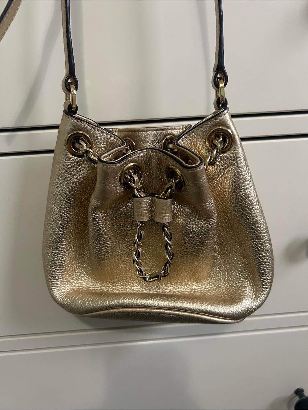 Metallic Gold Drawstring Bucket Bag - Women